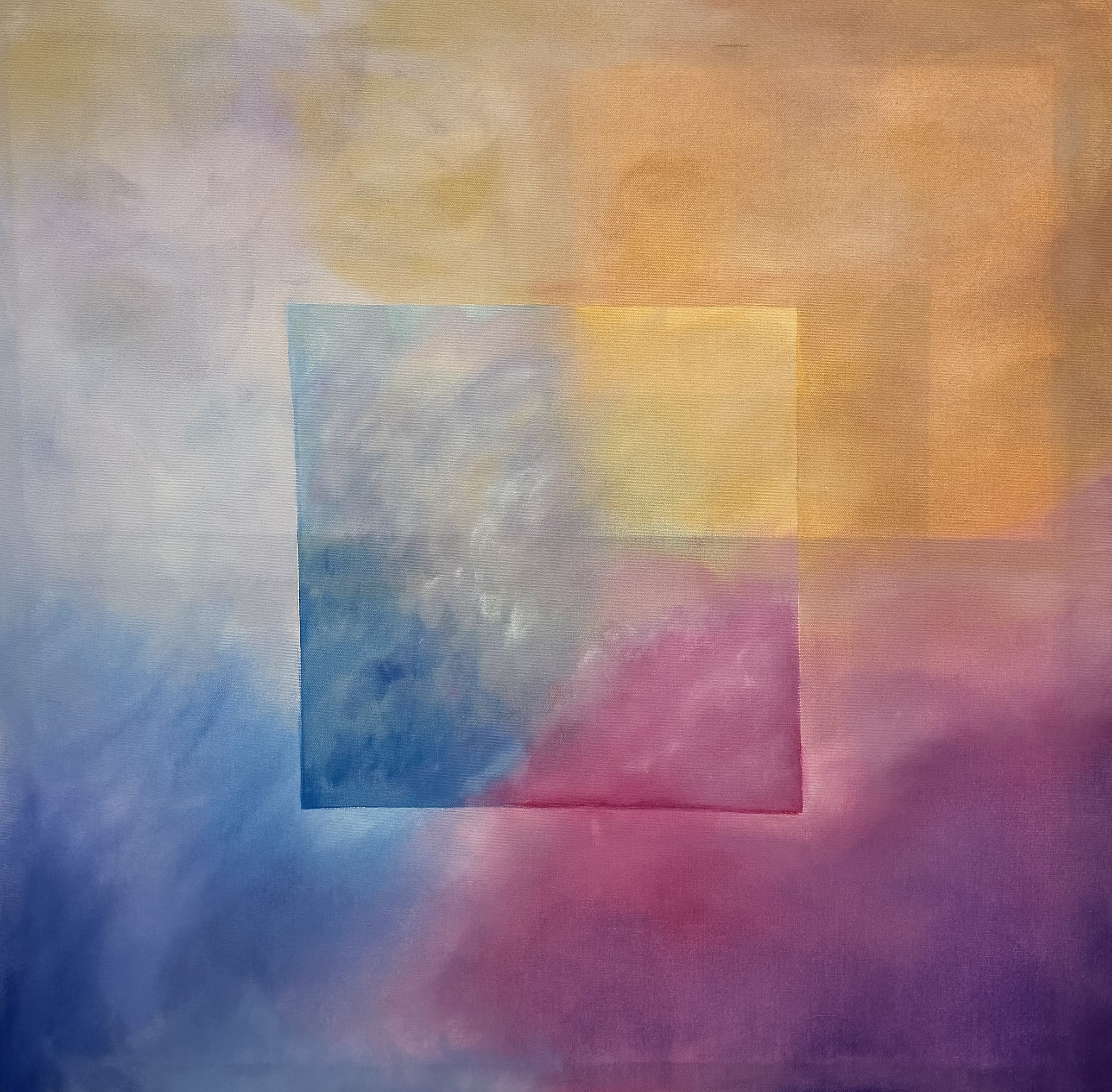 A square canvas of soft overlapping fields: ochre and gold across the top, deep pink and violet down the right, pale blue and white through the lower left, with two translucent squares laid over the middle where the colours mix.