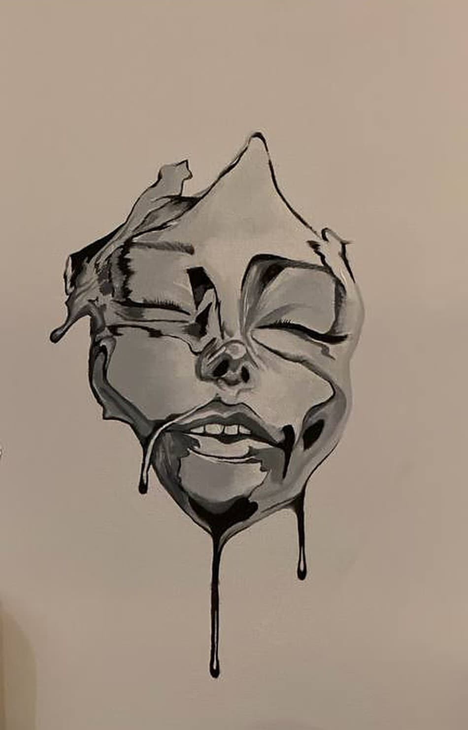A grey face with closed eyes floating on bare paper. The jaw thins into two long black drips that run to the bottom of the sheet.