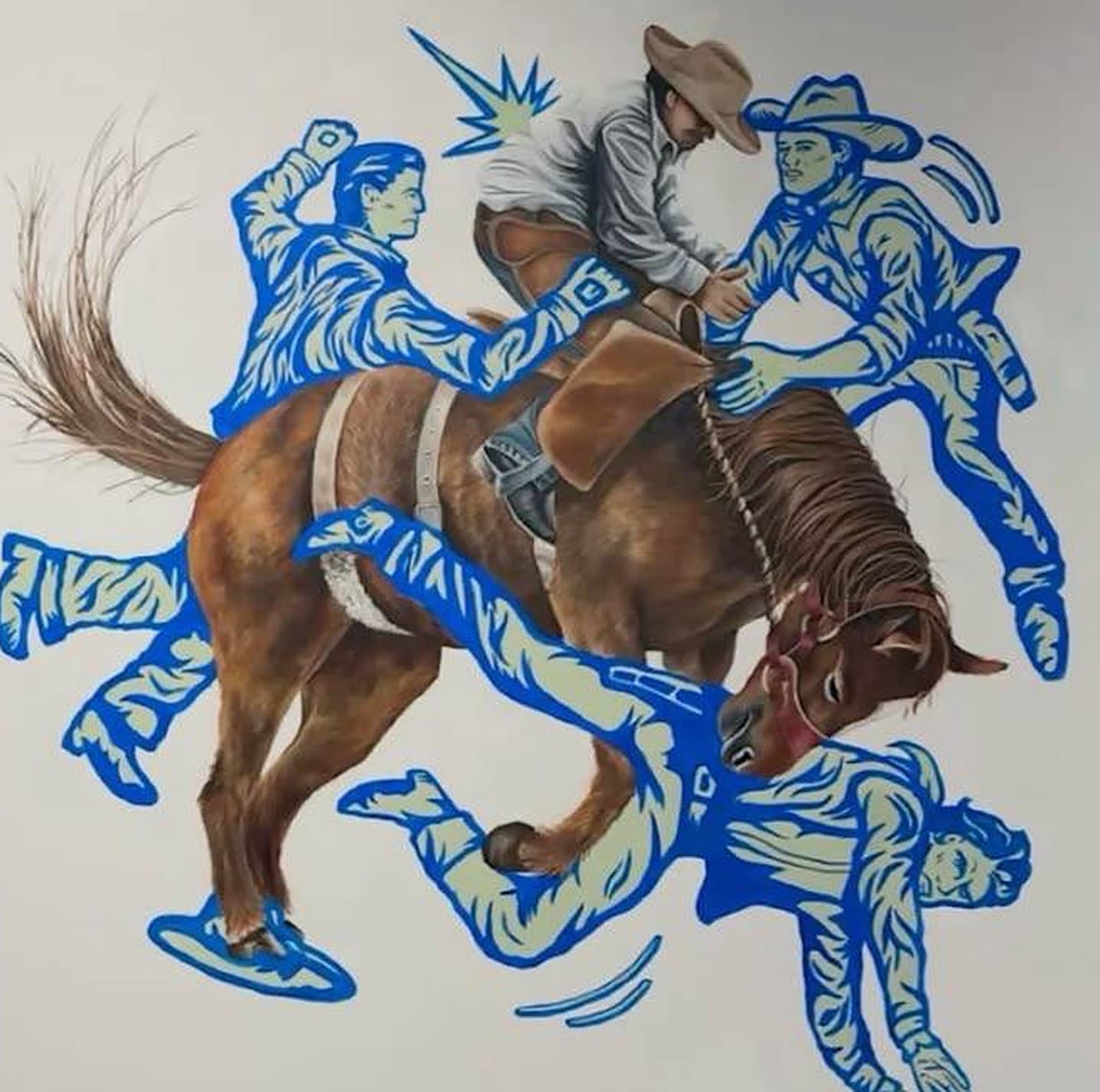 A rider on a bucking brown horse, painted in full colour, surrounded by flat cobalt blue outlines of four other riders being thrown in every direction.