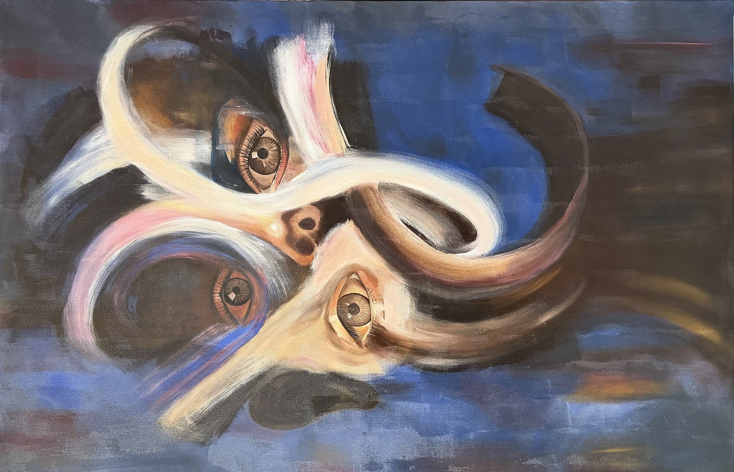 A tall blue and brown canvas in which a face is drawn twice over itself. Four eyes look out from different heights, tied together by a single pale ribbon that loops through the whole head.