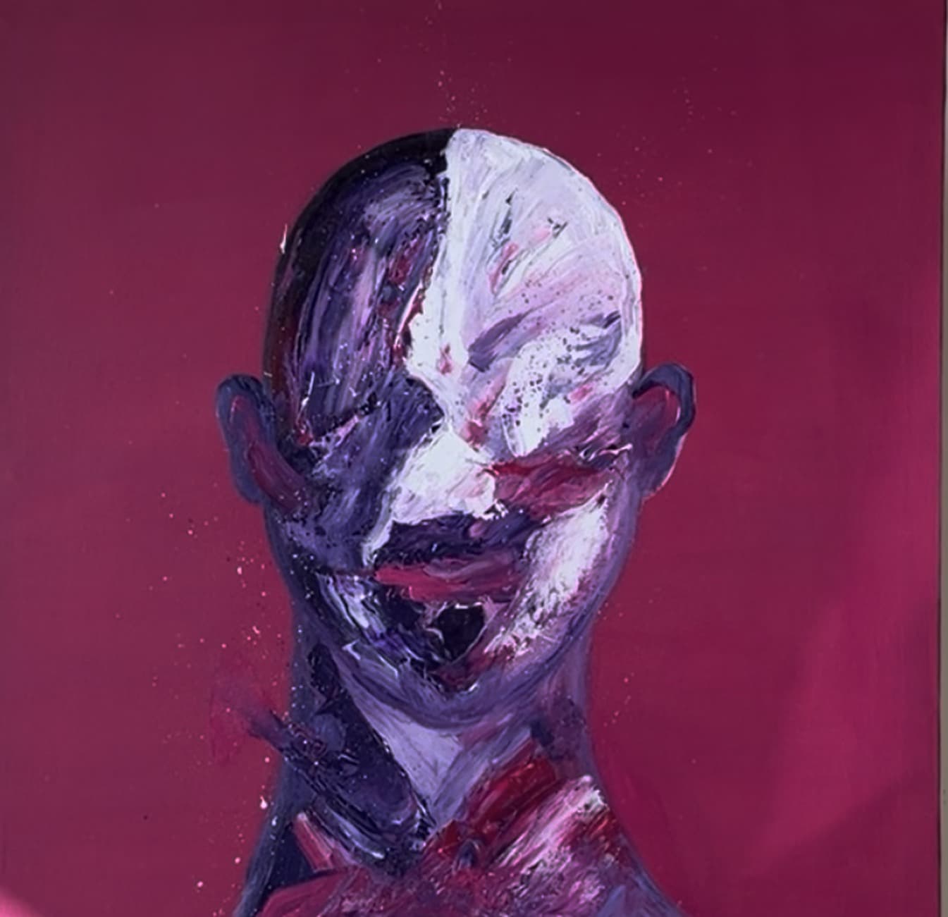 A bald head and shoulders against a hot magenta ground. The left half of the face is bruised violet and the right half is scraped to bare white, with the features dragged away by the knife.