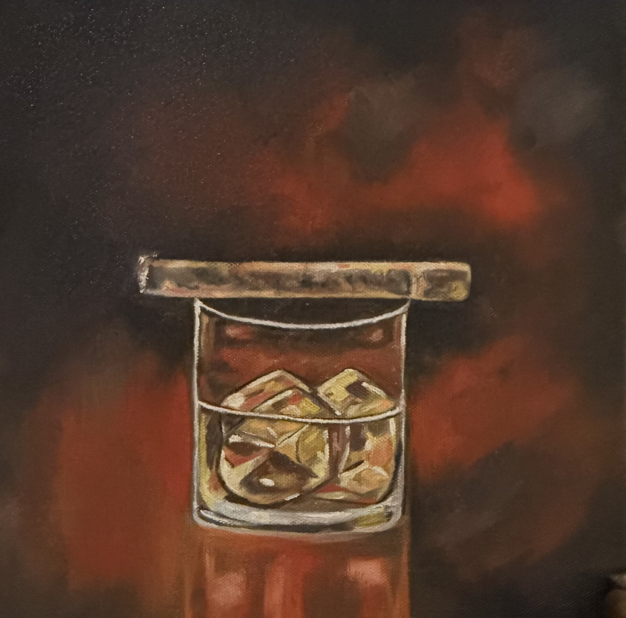 A tumbler of whisky over ice with a cigar resting across the rim, lit from behind so the glass glows amber against a smoky red and black ground.