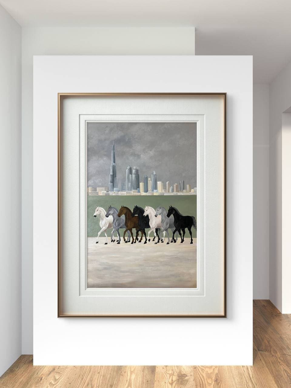 A room view: Seven, Leaving on a wall, with the ceiling and the floor in frame.