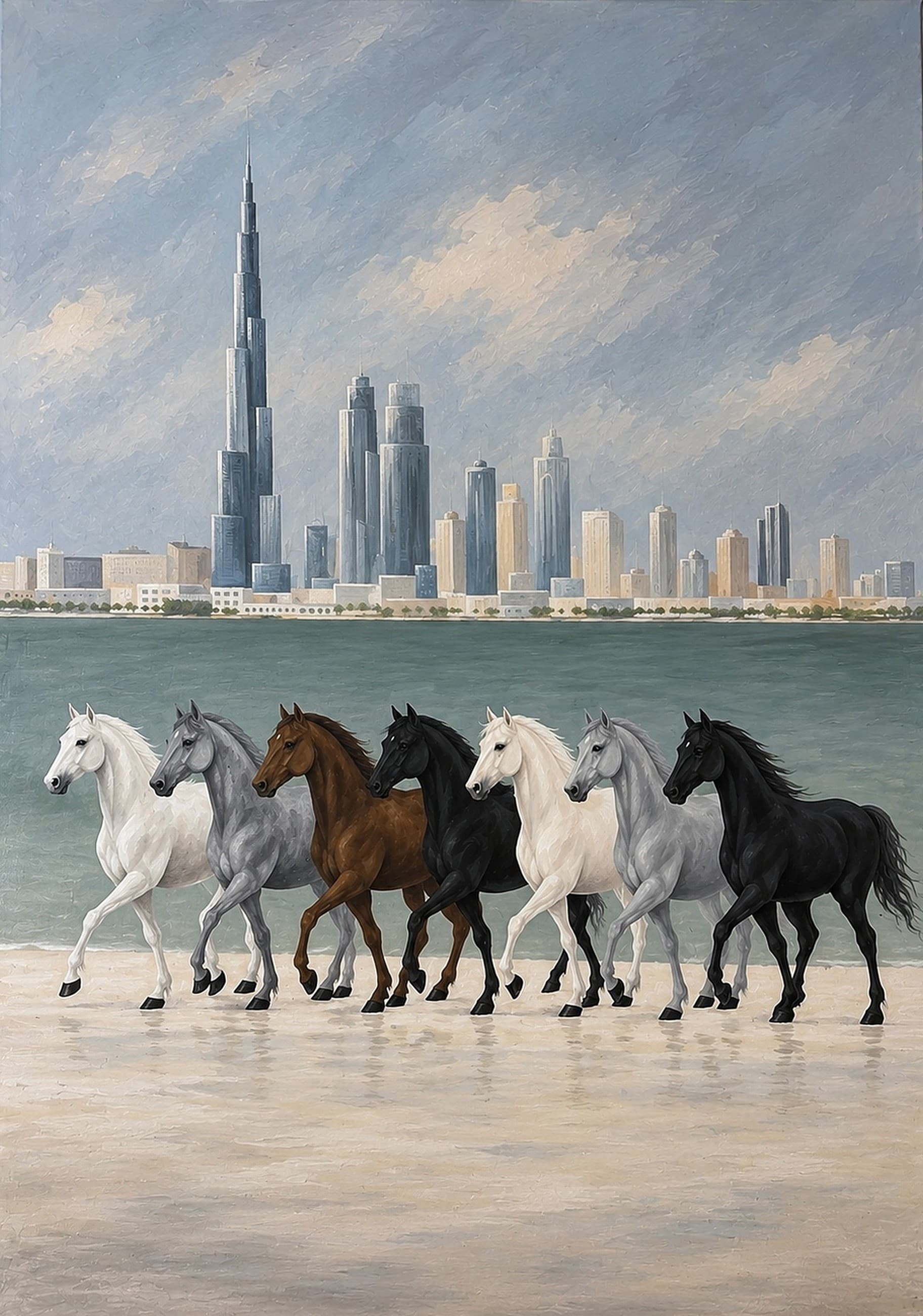Seven horses walking in a line across pale sand, in white, grey, chestnut and black. Behind them a flat green band, and above that the Dubai skyline under heavy grey cloud.