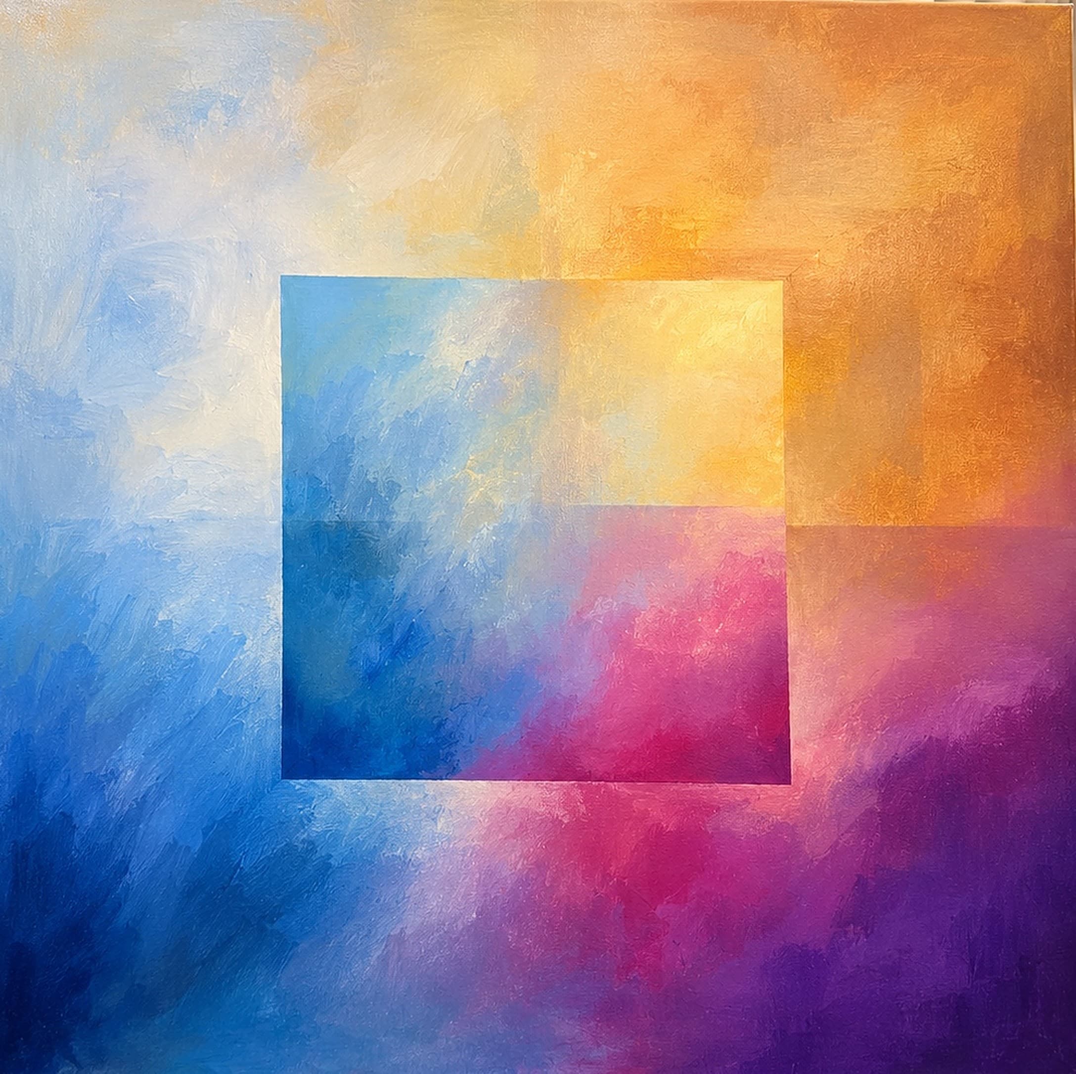 A square canvas of soft overlapping fields: ochre and gold across the top, deep pink and violet down the right, pale blue and white through the lower left, with two translucent squares laid over the middle where the colours mix.