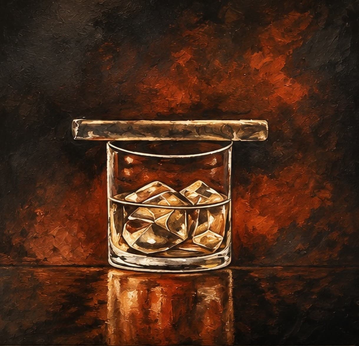 A tumbler of whisky over ice with a cigar resting across the rim, lit from behind so the glass glows amber against a smoky red and black ground.