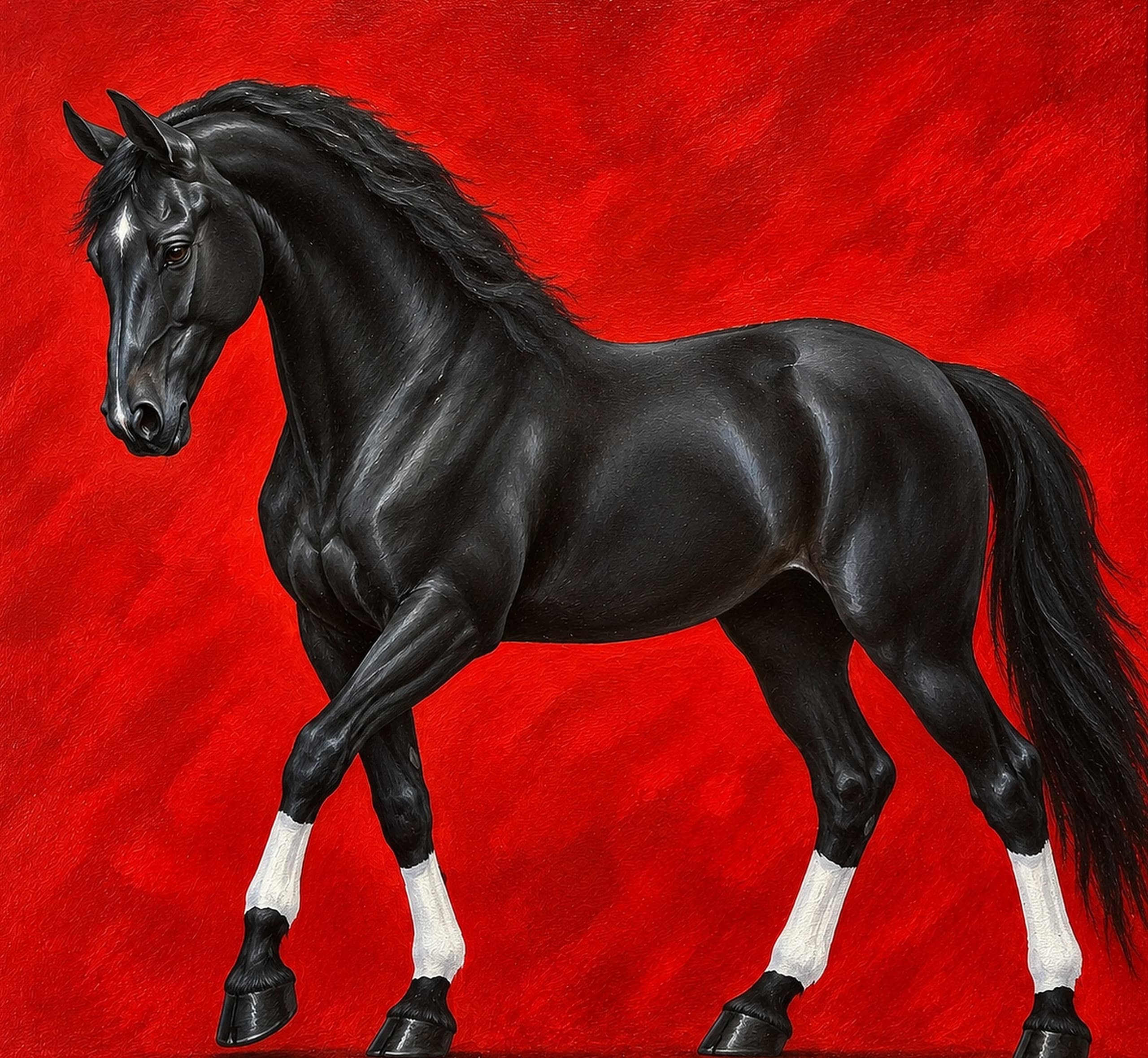 A black bull with a blue sheen standing side on against a flat red ground, head turned toward the viewer, white socks above black hooves.