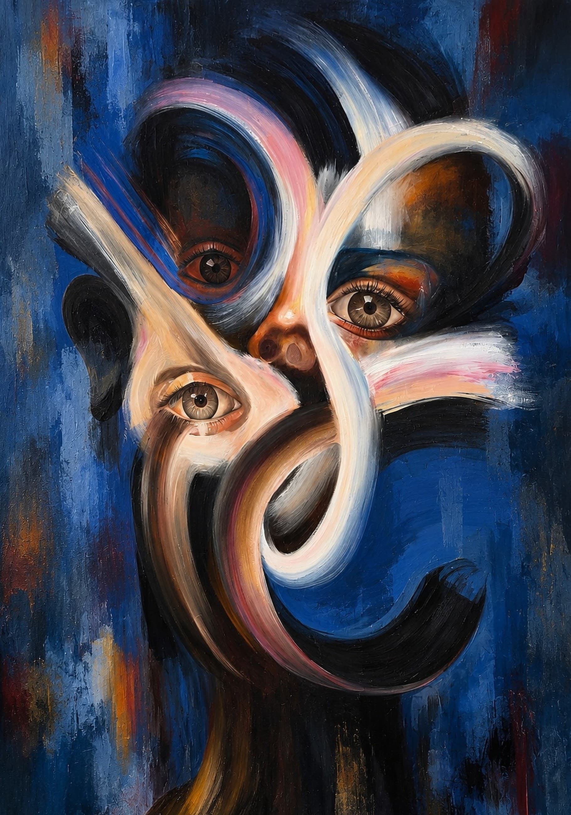 A tall blue and brown canvas in which a face is drawn over itself several times. Four eyes look out from different heights, tied together by pale ribbons that loop down through the whole head.