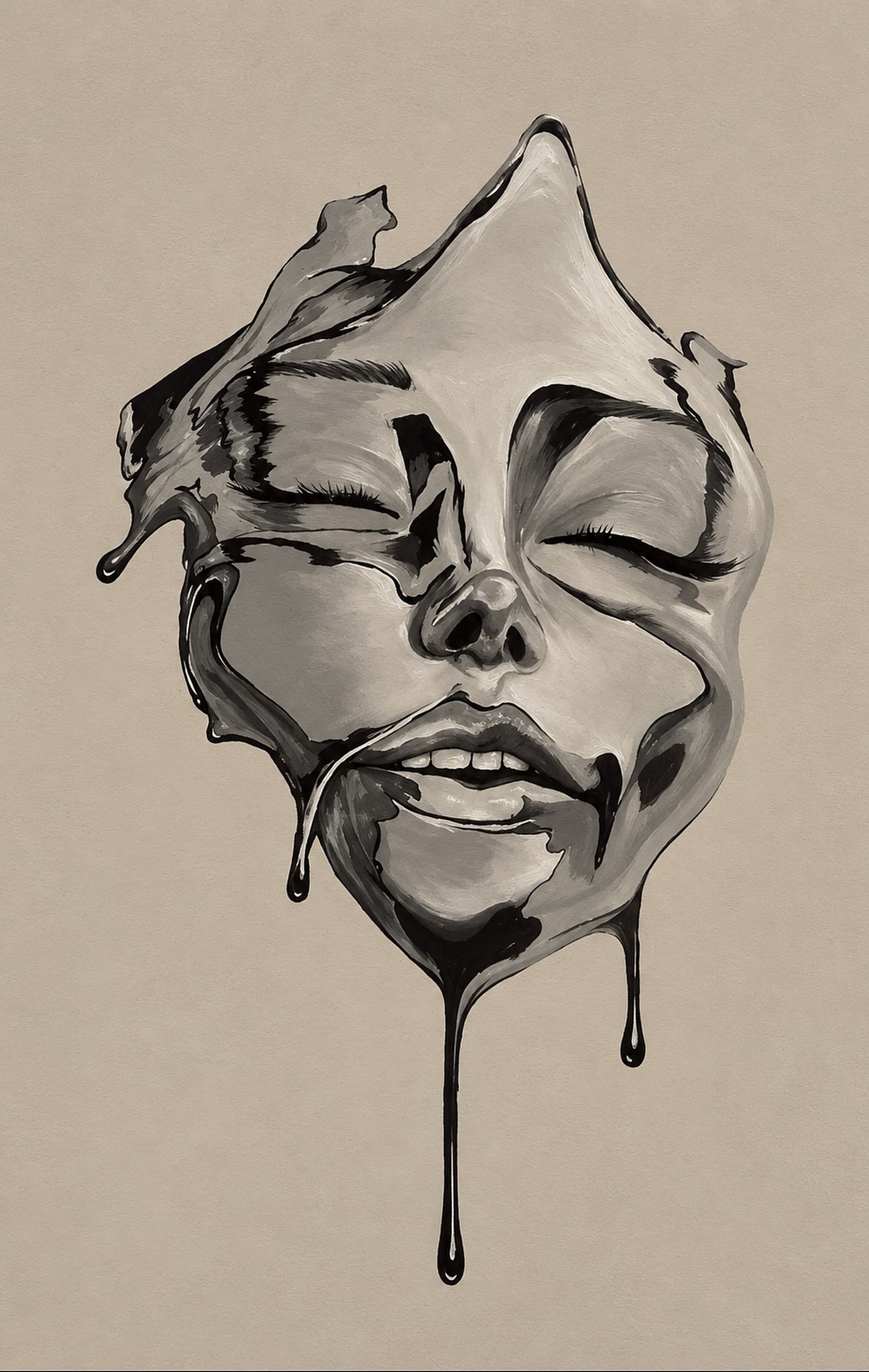 A grey face with closed eyes floating on bare paper. The jaw thins into two long black drips that run to the bottom of the sheet.