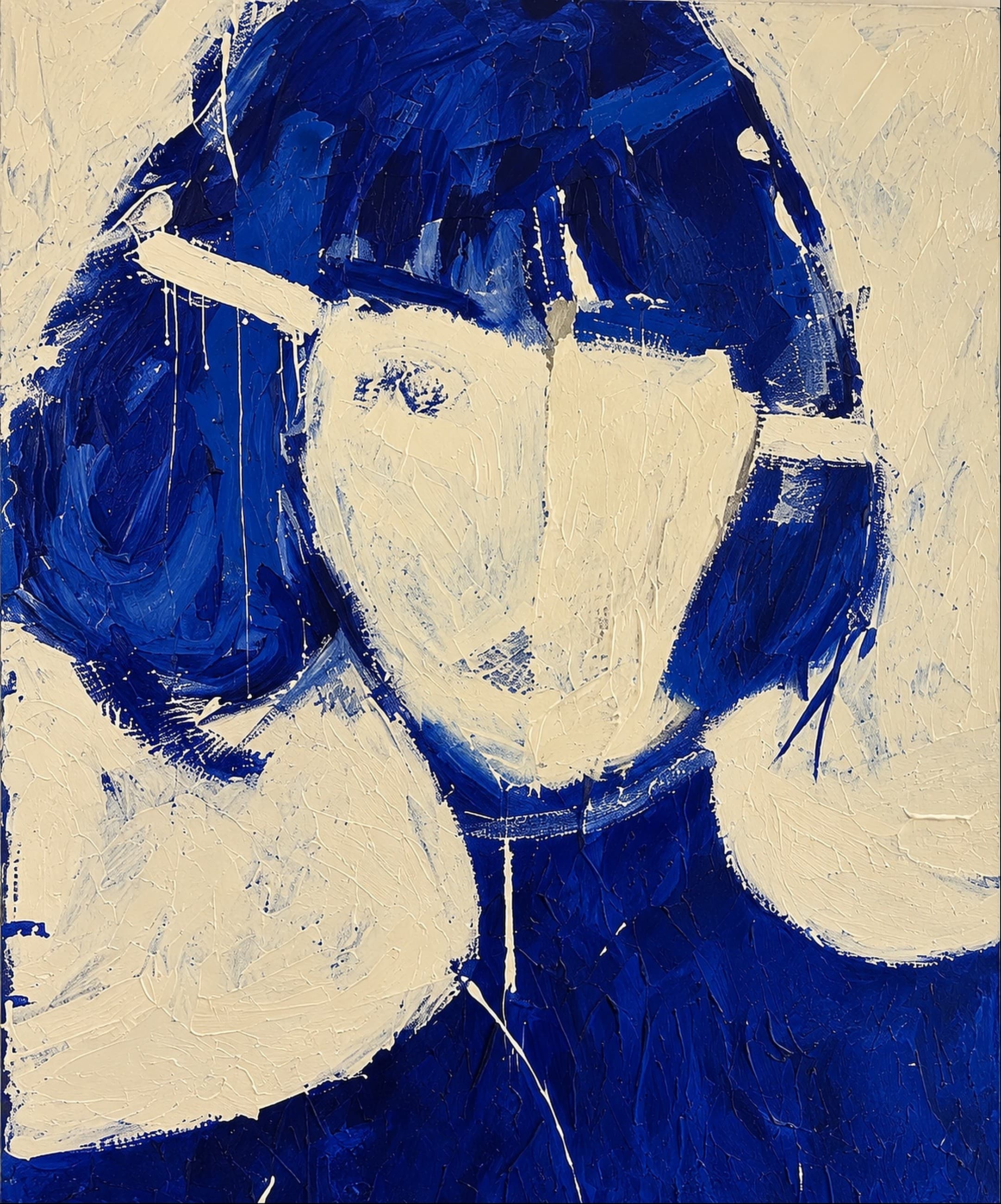 A head and shoulders filling the canvas edge to edge, cut out of cobalt blue and bare cream in wide knife strokes. The face is left almost empty, so the blue around it does the describing.