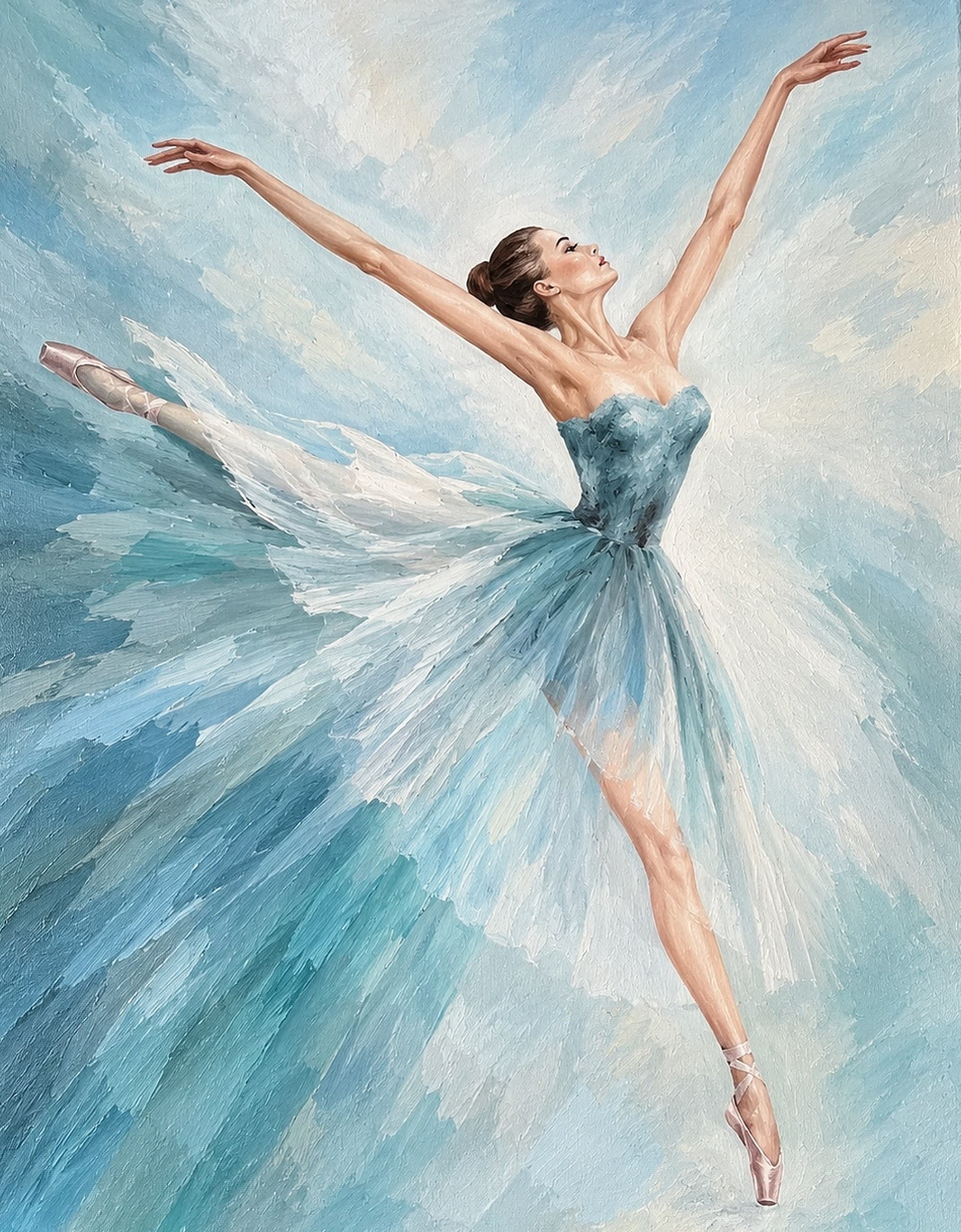 A dancer in a pale blue tutu at the top of a lift, both arms open and head tipped back. The skirt breaks into brushstrokes of turquoise and cream that carry on into the background.