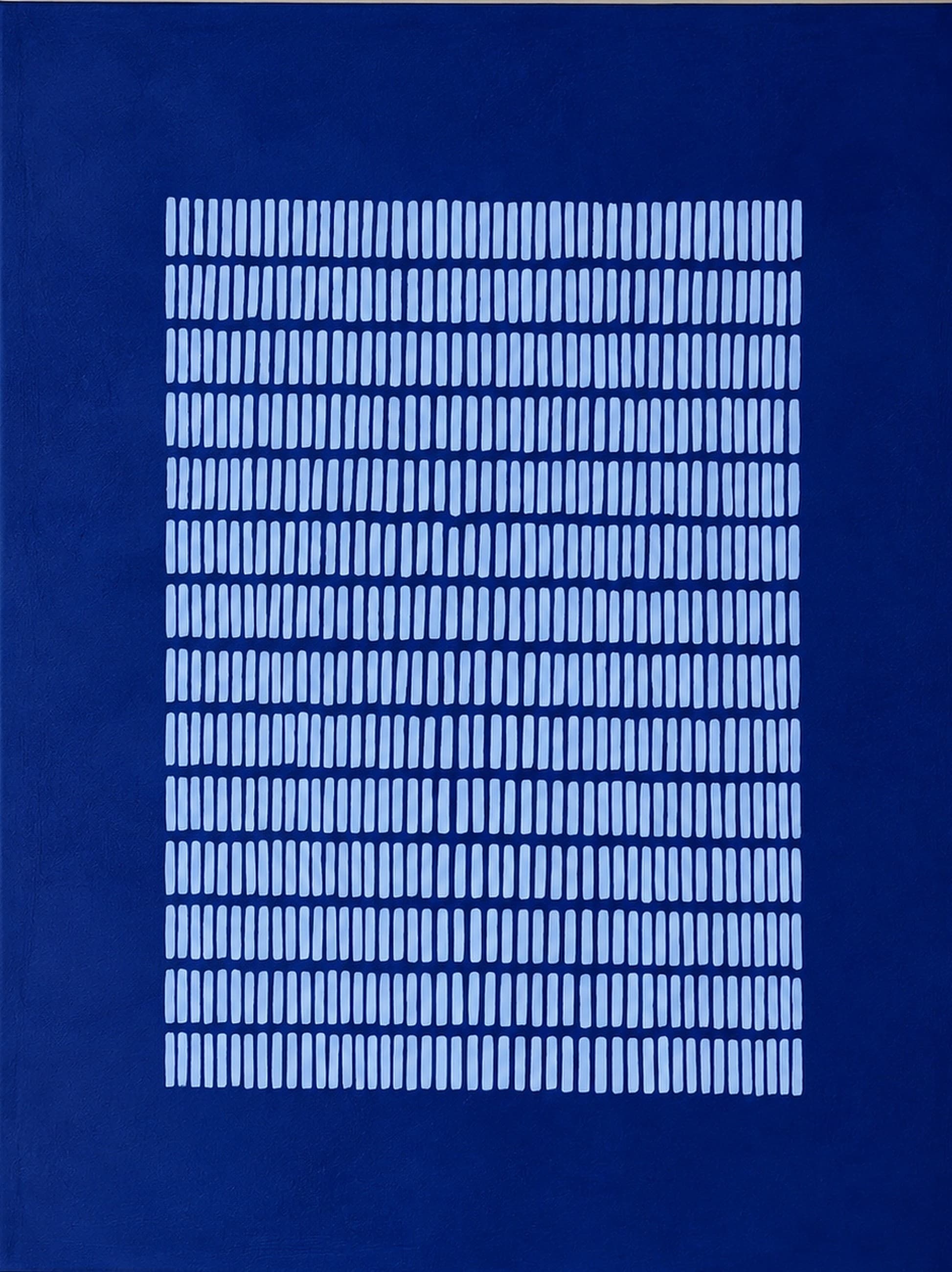 A deep blue canvas carrying a block of pale vertical marks in even rows, like a count kept by hand. No two marks are quite the same, so the grid breathes instead of repeating.
