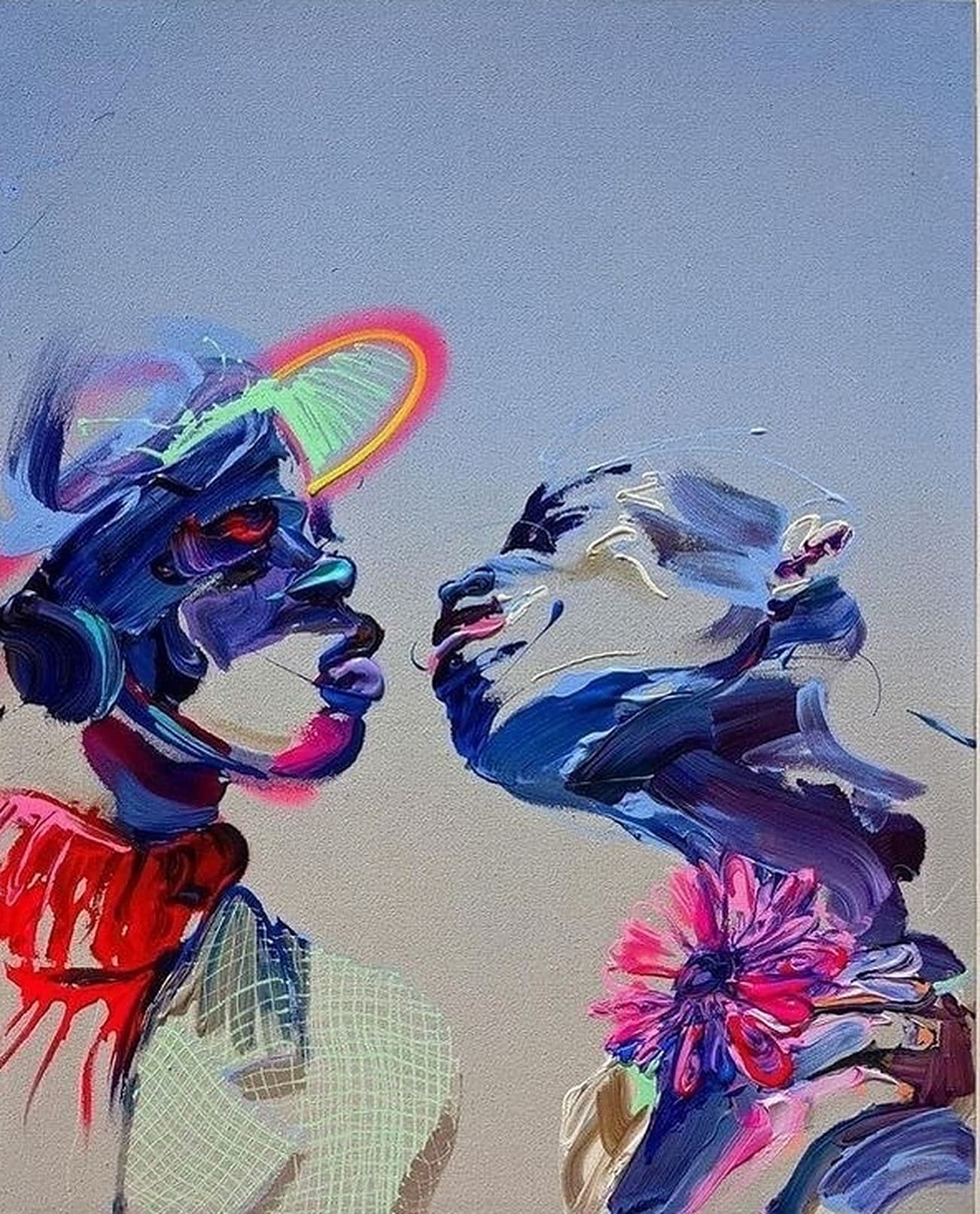 Two heads face each other in profile on a pale ground, built up in thick knife strokes. The one on the left is cool, blue and violet, with a bright arc of green and orange over the brow. The one on the right runs warm and breaks into pink at the shoulder.