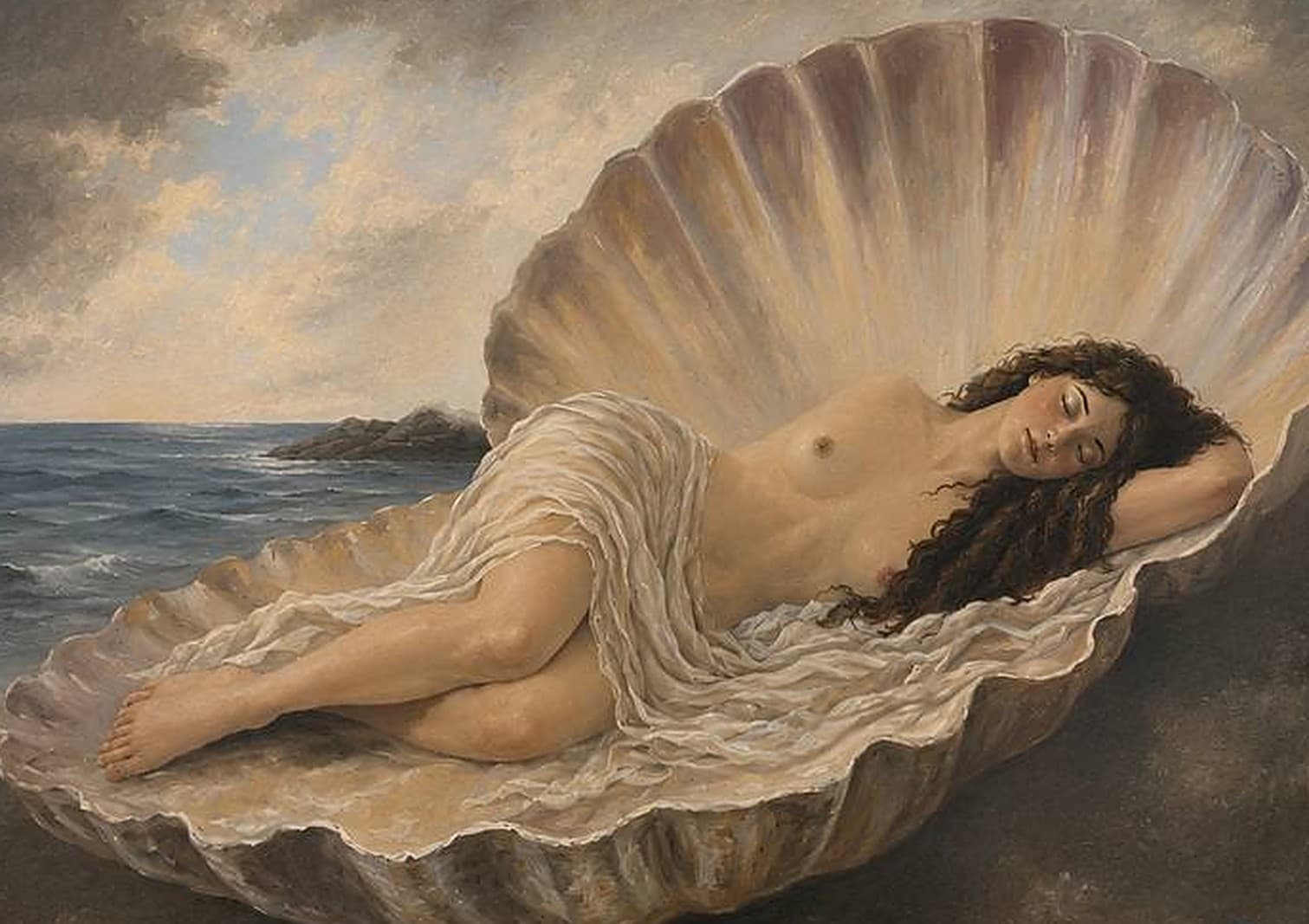 A woman lying asleep inside a large open scallop shell on a shore at dusk, dark hair loose, a length of pale cloth across her legs. The sea is behind her on the left.